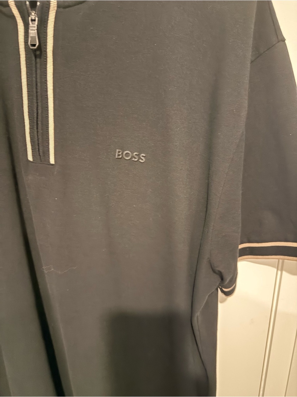 Boss Black Short Sleeve Quarter-Zip Polo with Beige Trim